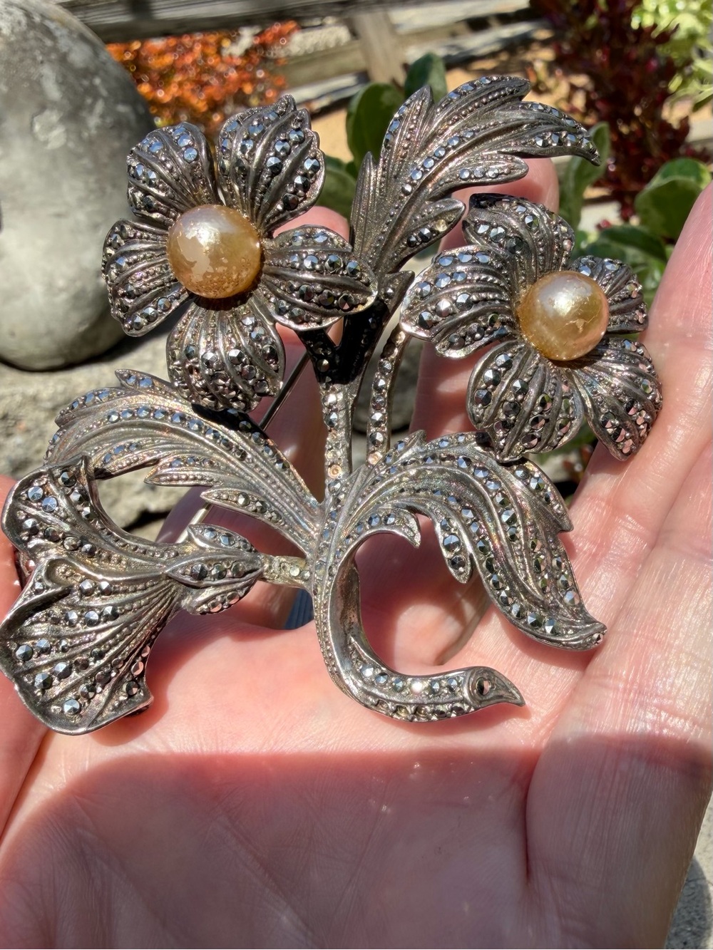 Rare, huge, vintage German Sterling Brooch with Golden Pearl Centers